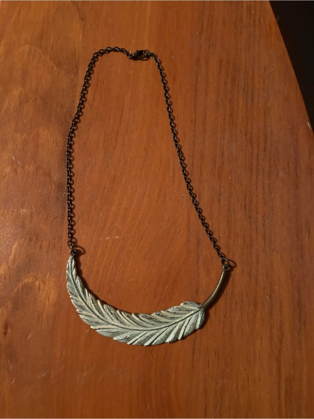 Feather Pendant Necklace - Brass Tones